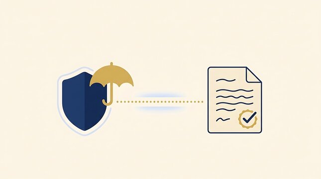 Secure insurance policy concept with shield umbrella and verified document illustration