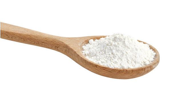 Wooden spoon filled with white flour or baking powder isolated on transparent background