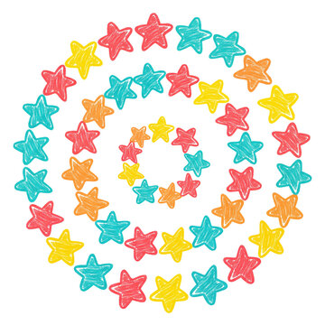 Vibrant Multicolored Hand-Drawn Star Pattern Arranged in a Circular Spiral Trail Design