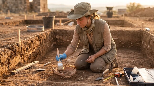 Female archaeologist brushing soil off ancient clay artifact at dusty excavation site, depicting archaeological dig, historical discovery, field research, and artifact preservation