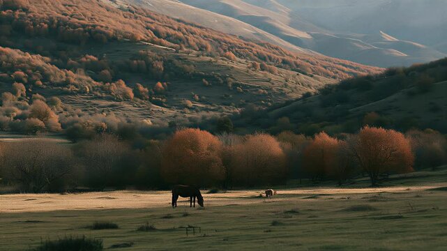 草原で草を食べる馬と紅葉した山々が広がる秋の風景