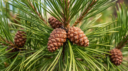 Fototapeta premium Gymnosperm Reproductive Structure: Female Pine Cones and Needles (Pinus)