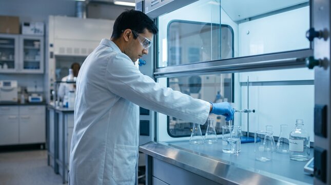 Male researcher stirring clear liquid in beaker inside fume hood cabinet, highlighting chemical laboratory experiment, safety protocols, and scientific testing