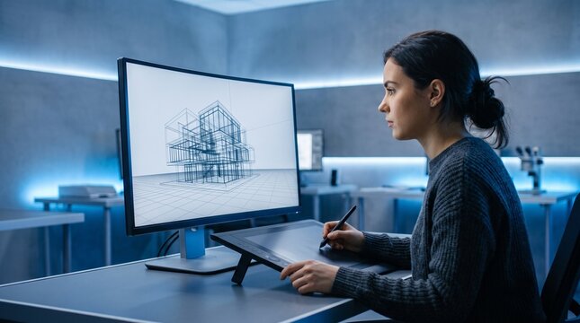 Female architect editing 3D wireframe building model on large monitor using graphics tablet in studio, representing digital CAD drafting, architectural design, and BIM modeling