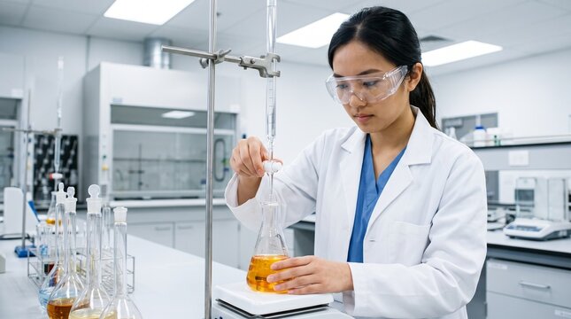Asian female chemistry student performing titration with buret and flask on stir plate in modern lab, conveying analytical chemistry, quantitative analysis, and science study