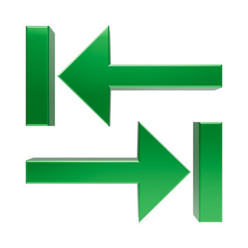 Three dimensional green navigation arrows pointing in opposite directions with a vertical bar symbol on each side isolated on a transparent background