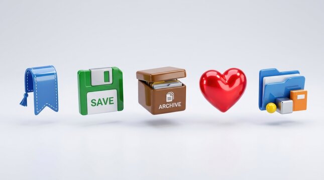 A collection of colorful 3d icons featuring a ribbon a floppy disk a box a heart and folder