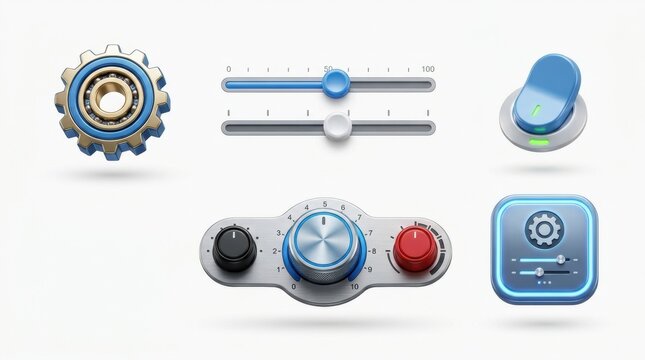Set of modern user interface control elements including dials sliders buttons and knobs for digital software application design