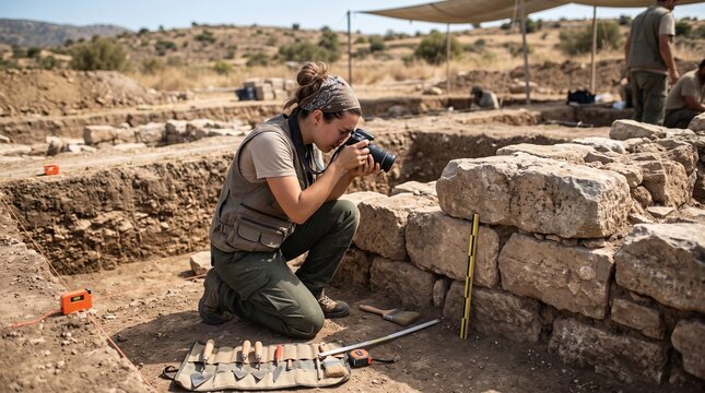 Female archaeologist photographing ancient stone wall structure with scale bar at outdoor excavation site, depicting archaeological documentation and field survey