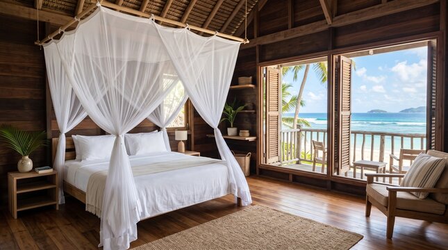 Tropical beach resort bedroom interior with canopy bed and ocean view