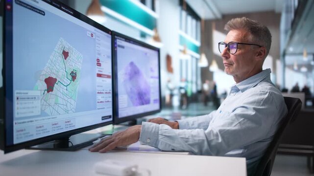 Environmental Scientist Studies Flood Risk Maps On Computer