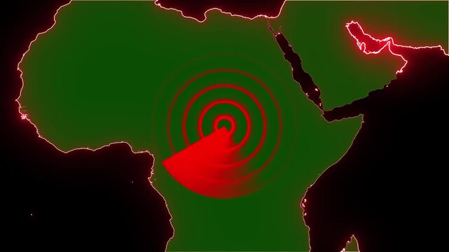 Green map of Africa animation displays dynamic red radar targets. Regional surveillance coordinates guide this map of Africa. Military threat detection tracks over the map of Africa.
