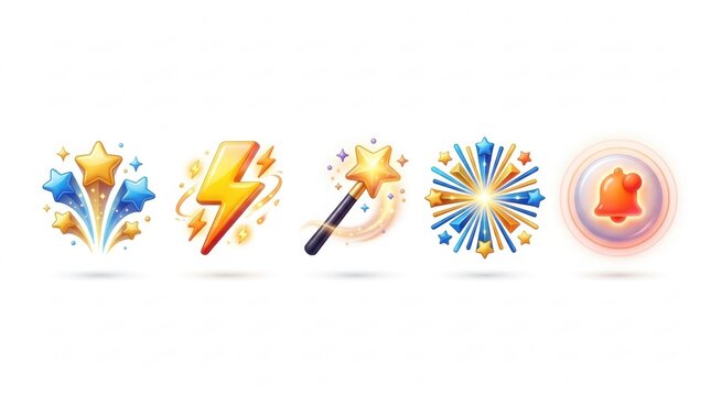 Set of colorful digital icons featuring magical elements like a wand fireworks and glowing sparks on white background