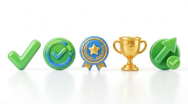 Set of 3d icons representing success achievement quality assurance and growth isolated on a white background for business concepts