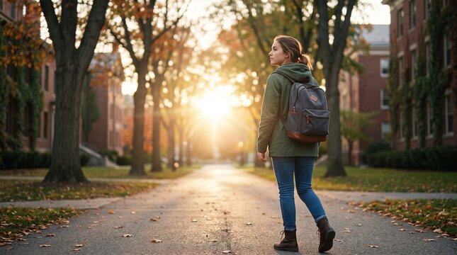Back view of female college student carrying backpack walking along tree-lined campus path during autumn sunset, symbolizing higher education, university life, and new semester