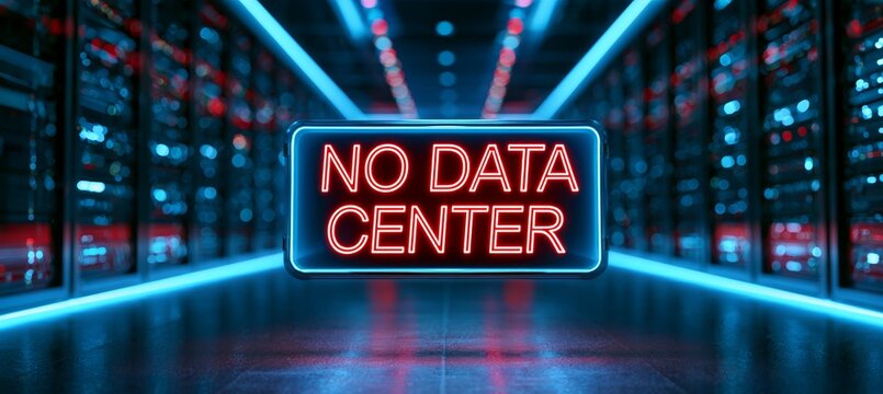 No data center sign on server room. Resident people environmental awareness. Generative AI technology.