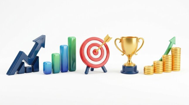 Business growth concept with rising bar charts target trophy and gold coins representing success and financial achievement on white background