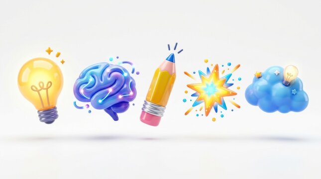 Set of 3d icons representing creativity and innovation featuring a lightbulb brain pencil star and blue cloud elements