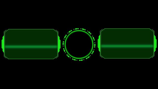 Green interface frame animation displays a central circular target. High tech rectangular panels border this interface frame. Cyber surveillance displays operate with the interface frame.