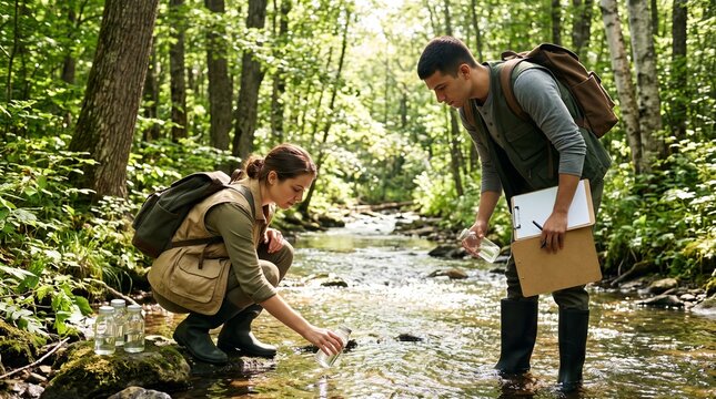 Male and female environmental science students collecting water samples in glass jars from forest stream, depicting field ecology, environmental monitoring, and water quality test