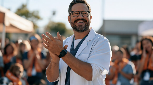Anesthesiologist thanks team outdoors at midday where a crowd watches glasses-on-forehead colleague organize a pet party fundraiser for a veterinary clinic with rescue animals