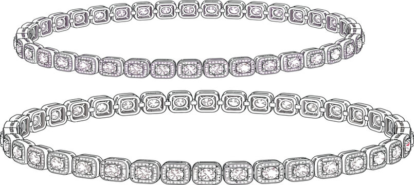 Diamond tennis bracelet vector set, silver luxury jewelry bangles with square links, elegant bridal accessories for fashion design