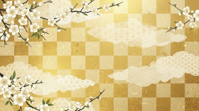 Beautiful cherry blossom branches with white flowers on a traditional japanese style gold and brown checkered pattern background