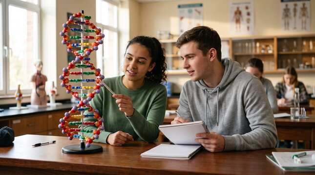 Female student pointing at colorful DNA double helix model while studying with classmate in biology lab classroom, highlighting genetics research and interactive science education