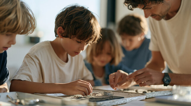 A kids sports referee packs volcanology field samples into foam lined cases in a modest living room, a close up texture of volcanic ash on a glass jar lid visible as a group of