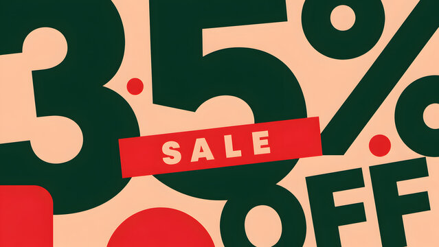 Sale 35 percent off promotional banner with dark green numbers on a light peach background with red accents