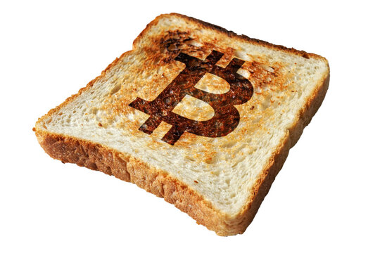A single slice of toasted bread with a dark burnt bitcoin cryptocurrency symbol imprinted on the surface isolated on a transparent background