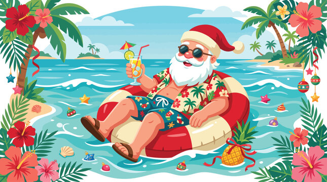 A cheerful santa claus wearing sunglasses and a tropical shirt relaxing on an inflatable ring in the ocean during summer