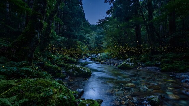 Fireflies glowing over a forest stream at night