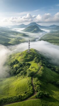 Vista a&eacute;rea de colinas verdes com uma torre no topo, neblina baixa e montanhas ao longe sob um c&eacute;u azul.