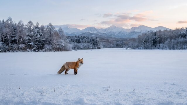 Red fox standing in a snowy field with mountains and winter forest