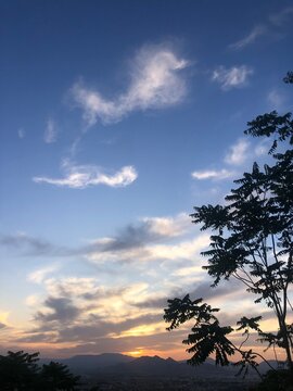 Atardecer en cielo azul con nubes y &aacute;rboles