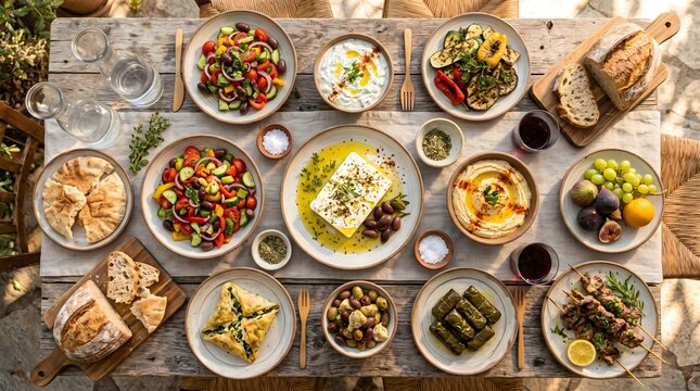 Traditional greek feast featuring feta cheese salad roasted vegetables hummus pita bread skewers and olives on rustic wooden dining table