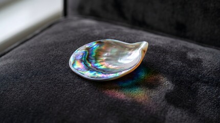Obraz premium Iridescent abalone seashell with stunning rainbow luster displays natural pearlescent colors on a soft dark fabric texture surface macro