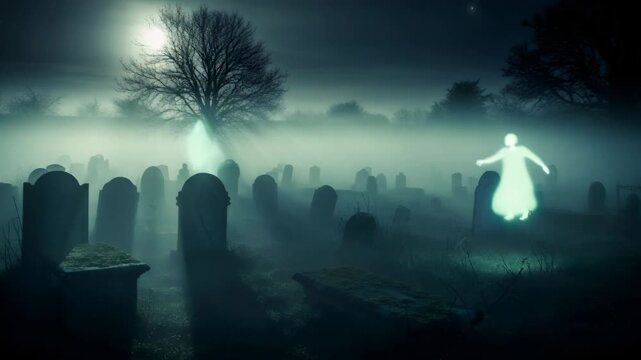Ethereal ghost apparition moving through a foggy, moonlit cemetery with ancient gravestones and a bare tree representing supernatural mystery.