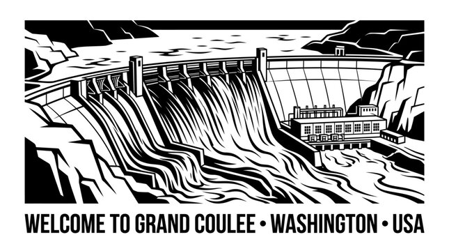Very beautiful black and white vector of an iconic hydroelectric dam with flowing water and clean structural shapes, WELCOME TO GRAND COULEE &bull; WASHINGTON &bull; USA, isolated on white background, no gradie