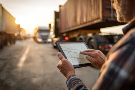 Truck driver using a tablet with GPS route beside container trailers at a logistics yard during sunset, coordinating last mile delivery, fleet movement and efficient freight transportation operations