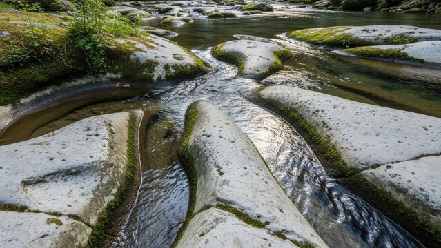 Close up of a clear shallow river flowing through smooth white river rocks covered in patches of green moss in a peaceful woodland setting