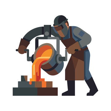 Industrial worker pouring molten metal from a crucible in flat vector style