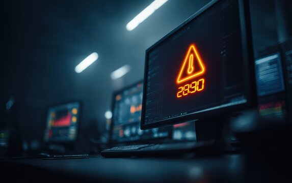 Digital temperature warning on monitoring screen inside a modern logistics control center, alerting operators to cargo sensor deviation for proactive cold chain safety and shipment protection