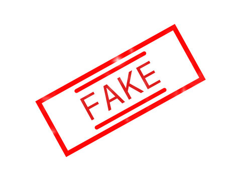 Bright red rubber stamp with the word fake written inside a rectangular border frame isolated on transparent background