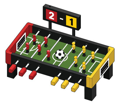 Isometric foosball table vector illustration, table football game with scoreboard, mini soccer bar game graphic