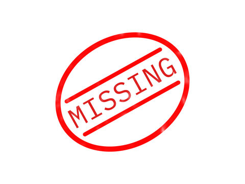 Red ink rubber stamp icon with the word missing inside an oval shape isolated on transparent background