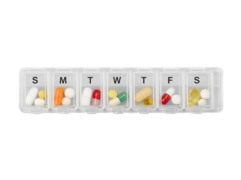 Weekly pill organizer with assorted medication capsules and tablets for daily health routine on white background, Isolated on Transparent Background, PNG, Generative AI