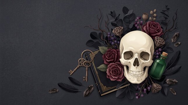 Human skull with vintage book dark roses and antique keys in gothic still life composition