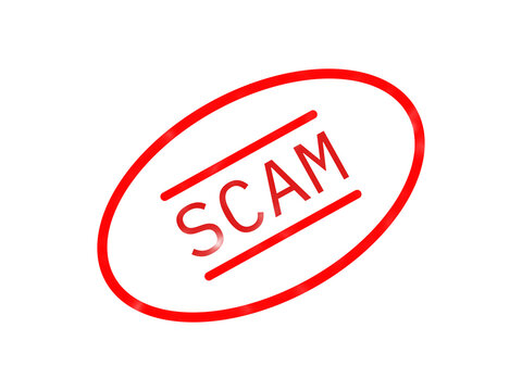 Red oval rubber stamp with the word scam written in capital letters on the document isolated on transparent background